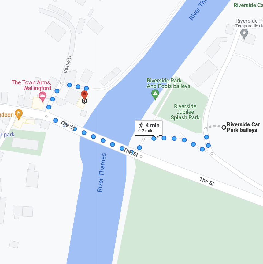 Directions from Wallingford Riverside Car Park to the Pure Boating Kiosk